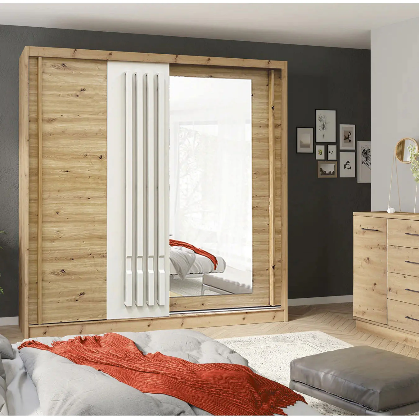 AVANTGARDE 200cm Sliding Wardrobe - Oak & White with Full Mirror - Image 3