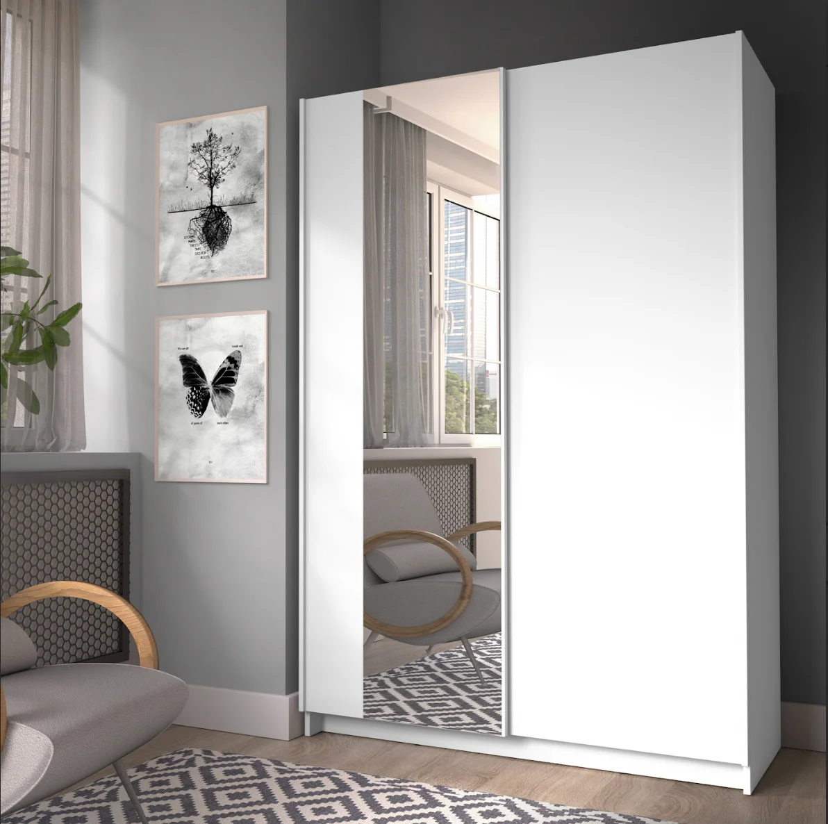 SOFIA 120cm | White Sliding Wardrobe with Mirror - Image 2